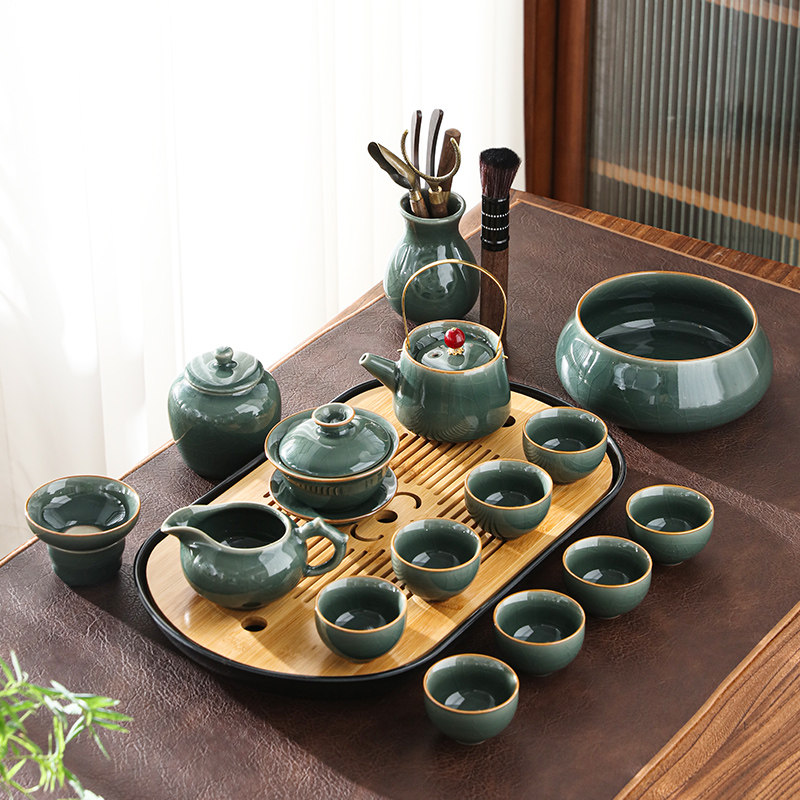 轻奢哥窑茶具套装家用办公室会客中式竹制小茶台茶盘泡茶茶壶茶杯