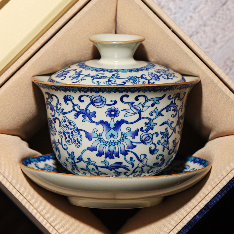 凌胜米黄汝窑三才盖碗茶杯高档家用防烫带盖功夫茶具青花泡茶茶碗