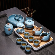 ấm trà gốm Ru lò trà Bộ cho gia đình phòng khách gốm sứ cao cấp băng nứt tiếp tân ánh sáng sang trọng Trung Quốc Kung Fu trà ấm trà bộ trà gốm ấm sứ trắng