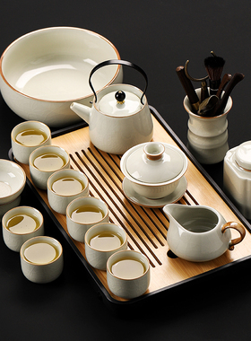 米黄汝窑功夫茶具套装家用2026新款开片茶壶办公高档泡茶喝茶整套