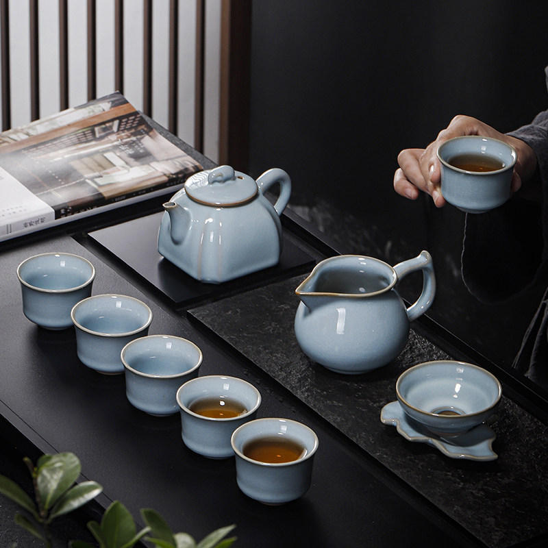 天青汝窑功夫茶具套组家用开片可养金丝茶壶茶杯高档礼盒装可定制