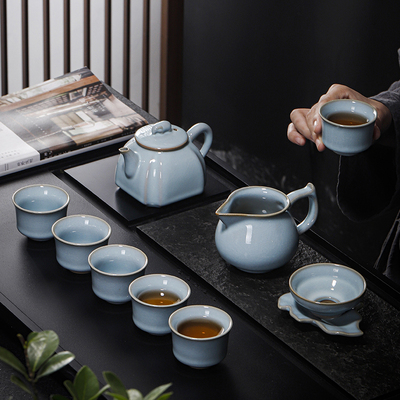 天青汝窑功夫茶具套组家用开片可养金丝茶壶茶杯高档礼盒装可定制