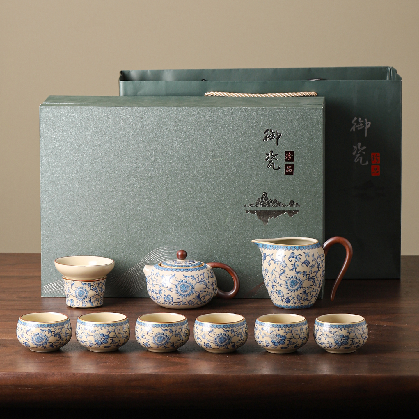 汝窑青花瓷功夫茶具套装家用2025新款泡茶壶茶杯子礼盒装送礼高档