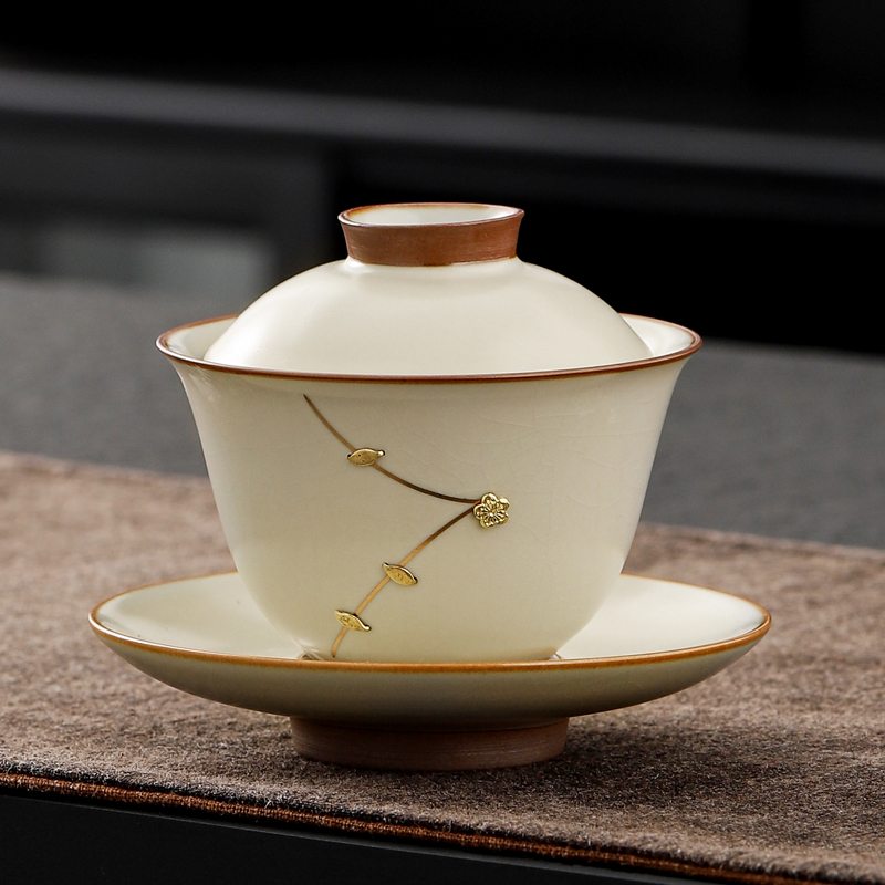 锔钉汝窑盖碗茶杯单个家用禅翼开片泡茶碗喝茶杯三才碗日式高档