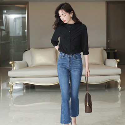 春款九分微喇叭裤牛仔裤女春夏款气质弹力显瘦高腰百搭裤子小个子