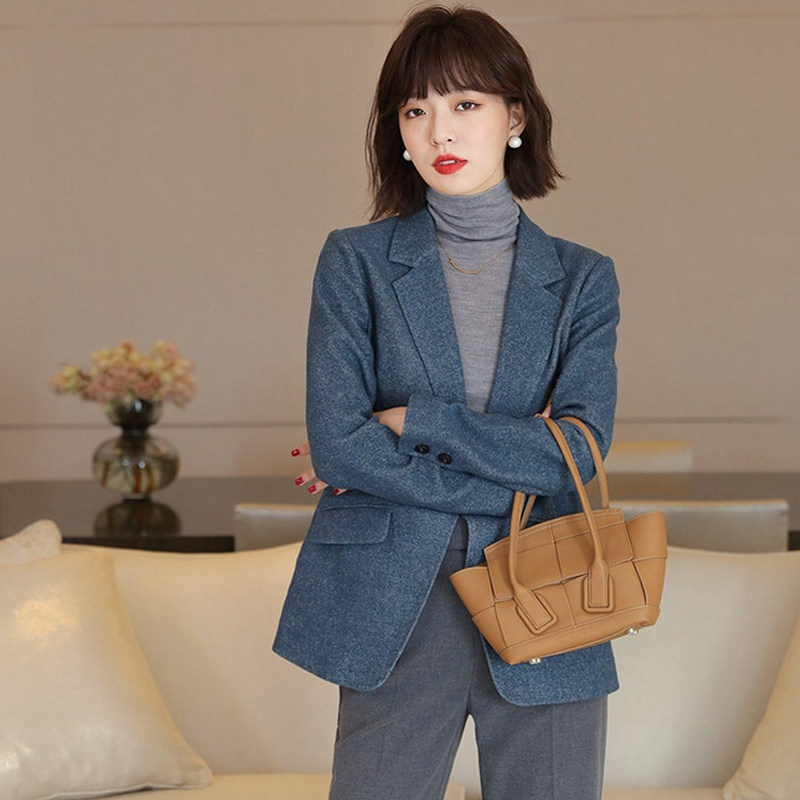 秋冬新款日系知性羊毛修身女呢料一粒扣西装外套