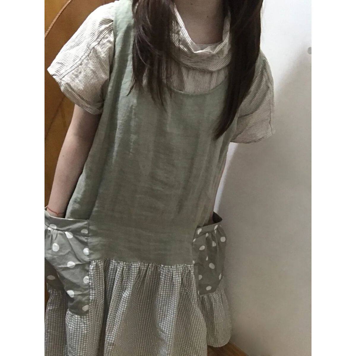 日系学院风套装女夏季设计感复古条纹高领上衣+背心连衣裙两件套