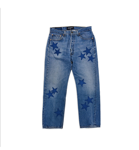 罗志祥 Gotnofears 正品 蓝色皮革星星古著牛仔裤 男女同款