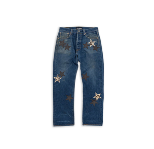 罗志祥GOTNOFEARS正品深咖啡色与豹纹皮革星星限定牛仔裤男女同款