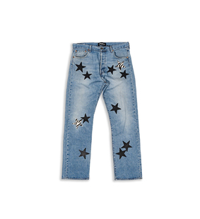 罗志祥Gotnofears正品斑马纹和鳄鱼纹皮革星星古著牛仔裤男女同款