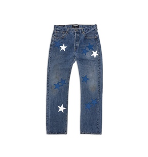 罗志祥GOTNOFEARS正品蓝色与白色皮革星星古著牛仔裤男女同款