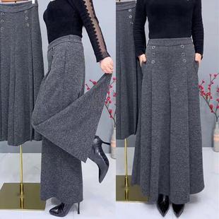 女大脚阔腿裤 毛呢保暖裙裤 宽松高弹力松紧腰潮 秋季 中老年妈妈厚款
