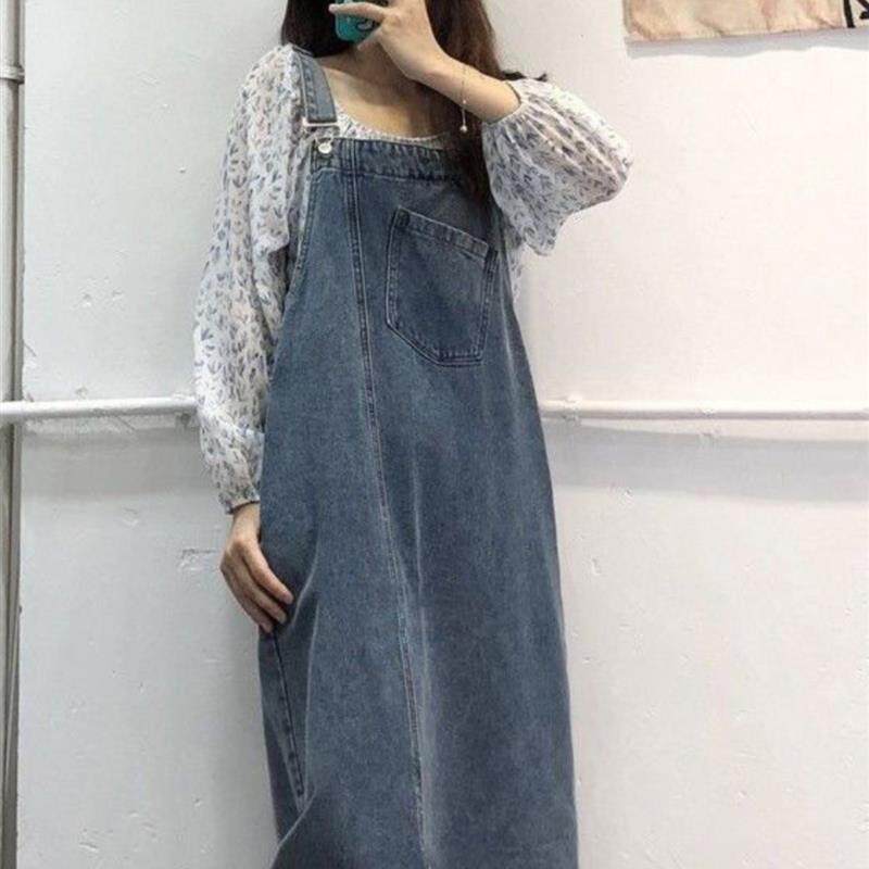 盐系不规则开叉牛仔背带裙女春秋新款覆古宽松显瘦长款吊带连衣裙