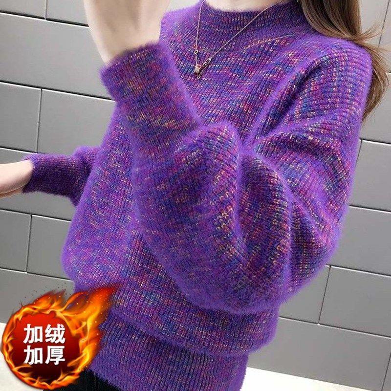 秋冬新款韩版女装上衣针织衫外穿半高领加厚仿彩虹毛衣简约百搭范