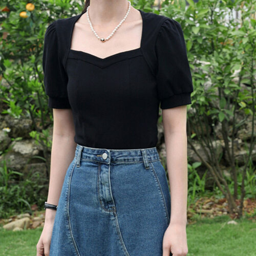 法式锁骨上衣复古赫本风方领露锁骨修身显身材短袖T恤女T-shirt