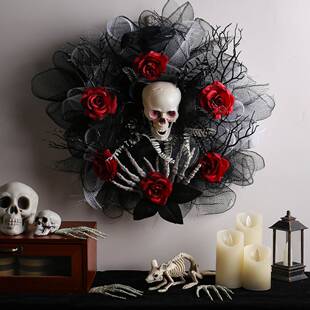 Halloween skeleton mesh wreath door hanging万圣节花环门挂