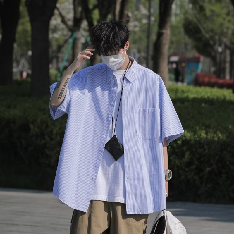 psobrond店oaoo蒙马特青港潮先生条纹短袖衬衫休闲男工装衬衣外套