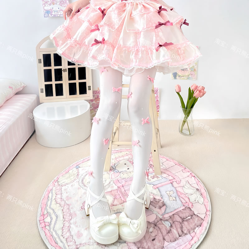 甜美少女丝绒蝴蝶结天鹅绒打底袜竖条纹奶白色丝袜珍珠装饰连裤袜