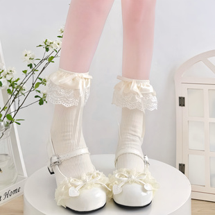 Lolita少女袜春夏可爱多层花边蝴蝶结中筒袜学生百搭奶油色堆堆袜