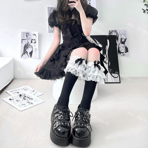 Lolita多层蕾丝花边少女中筒袜日系蝴蝶结可爱软妹jk黑白色小腿袜