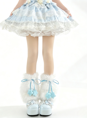 自制奶油夹星秋冬加厚毛绒y2k辣妹腿套蓝色系蝴蝶结星星绑带袜套