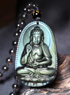 绿眼冰种黑曜石本命佛阿弥陀佛吊坠生肖属狗猪人饰品男女项链