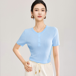 新款 显瘦纯色弹力套头简约百搭针织衫 时尚 修身 上衣女 圆领短袖 夏季