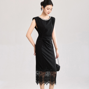 连衣裙礼服裙 无袖 气质镶钻圆领褶皱收腰水溶蕾丝拼接修身 显瘦长款