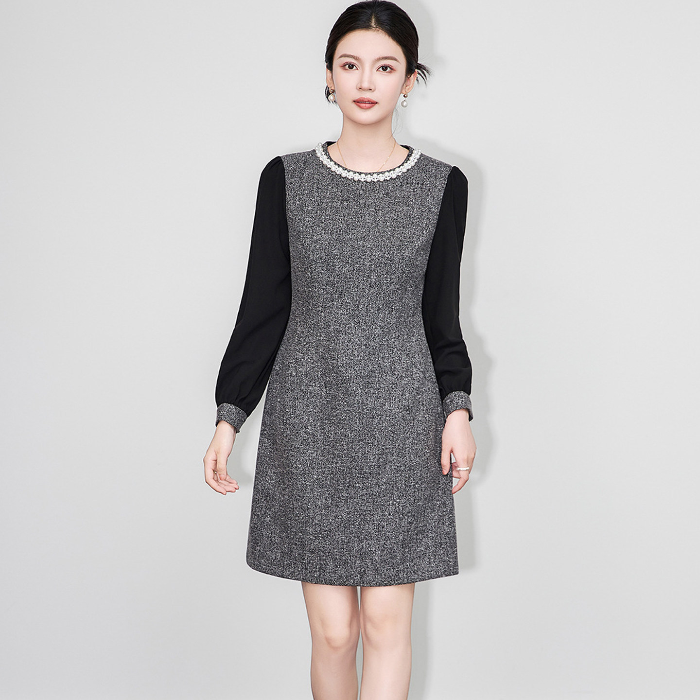 秋冬新款优雅钉珠圆领雪纺拼粗花呢假两件显瘦小个子A字连衣裙女,女装/女士精品,连衣裙,淘宝优惠券,粉丝福利购,淘宝优惠卷