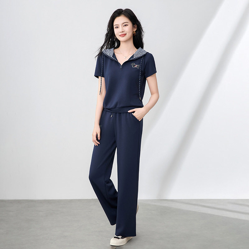 夏季新款时尚撞色连帽短袖套头T恤+抽绳束腰阔腿裤休闲运动套装女