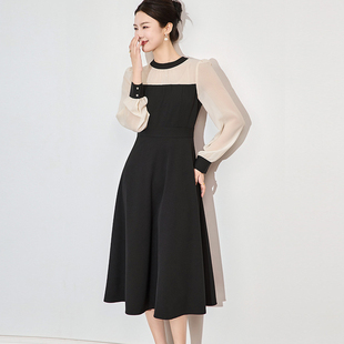 早春新款气质通勤圆领长袖雪纺拼接假两件修身长款荷叶边连衣裙女