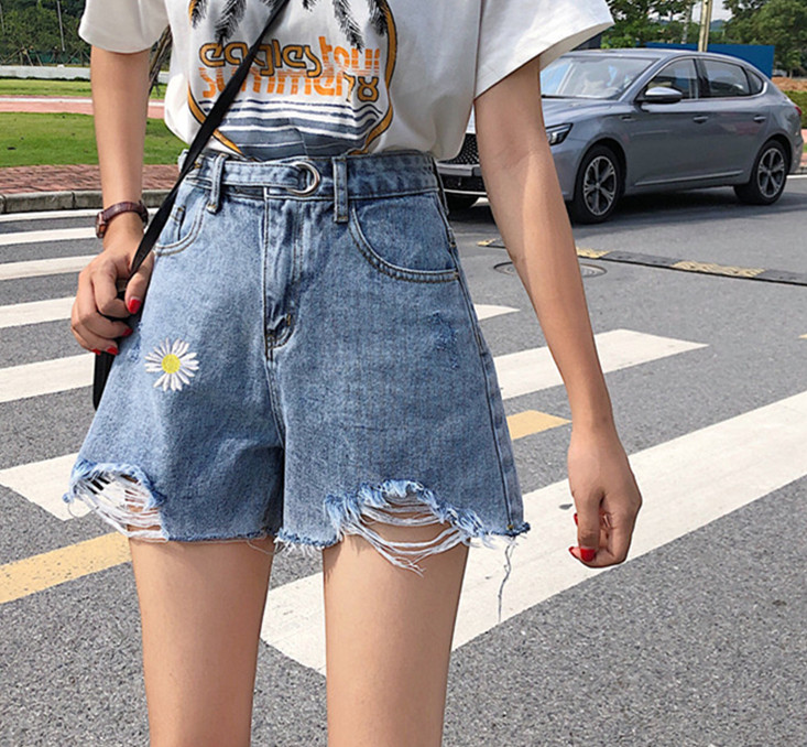 Real shot denim shorts women's new summer fashion high waist slim loose perforated net scarlet letter hot pants