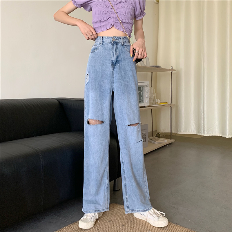 Real shot of new summer high waist straight pants with holes, loose wide leg pants, denim floor pants, women's wear