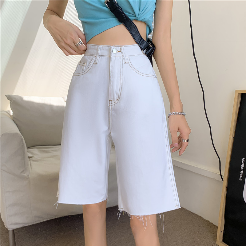 Real shot summer New High Waist Wide Leg Denim Shorts women's loose and slim casual straight Pants White