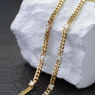 18K黄金钻石古巴手链 简约四爪au750 共39分钻ins风链条砖石手链