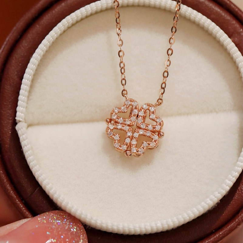 18K金项链女钻石四叶草吊坠 玫瑰金 一款多戴锁骨链 au750幸运草