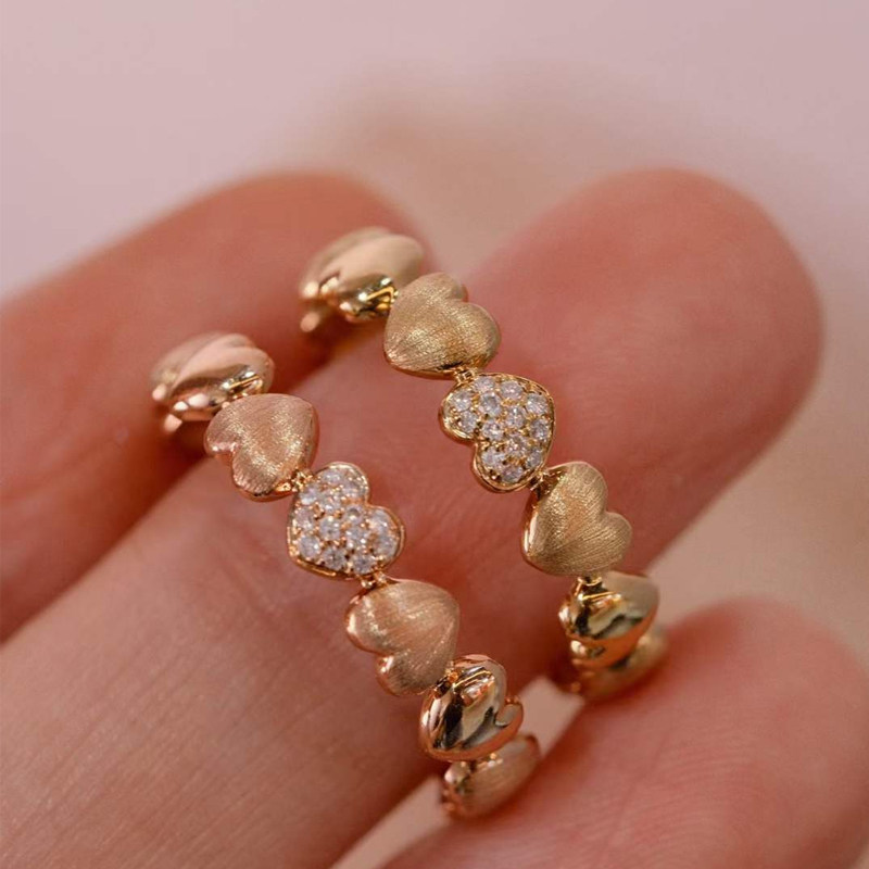 18k黄金玫瑰金钻石女戒 au750彩金拉丝爱心形指环 浅金色k金钻戒