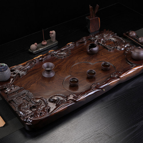 高档实木茶盘黑檀木茶盘整块木茶盘茶海排水平板茶托家用茶具排水