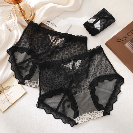 欧美性感豹纹大码内裤女200斤10a抑菌加长裆纯欲网纱镂空蕾丝短裤