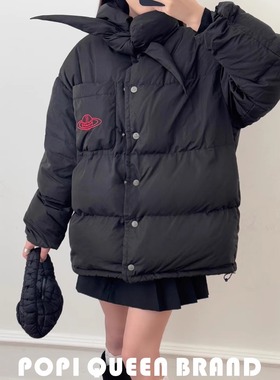 PPQ/女巫羽绒服土星秋冬新款保暖棉服围脖立领高领黑色长款外套女