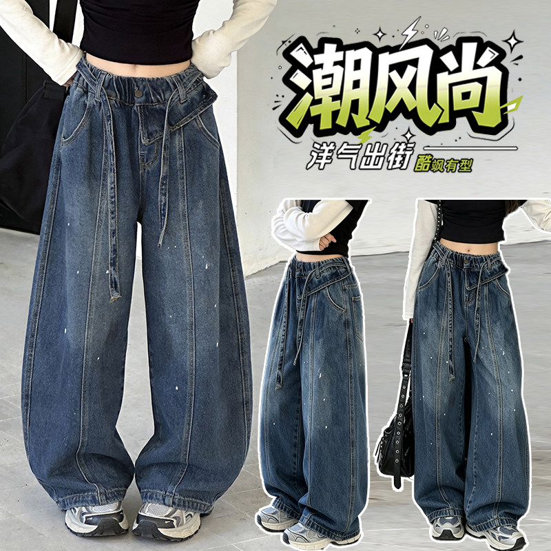 女中大童秋弯刀阔腿牛仔裤休闲版