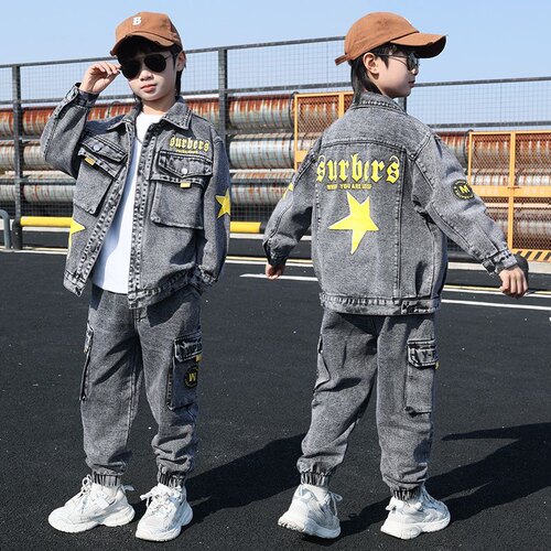 新品潮款牛仔套装春秋季薄款外套裤子小童中大童小学生儿童休闲装