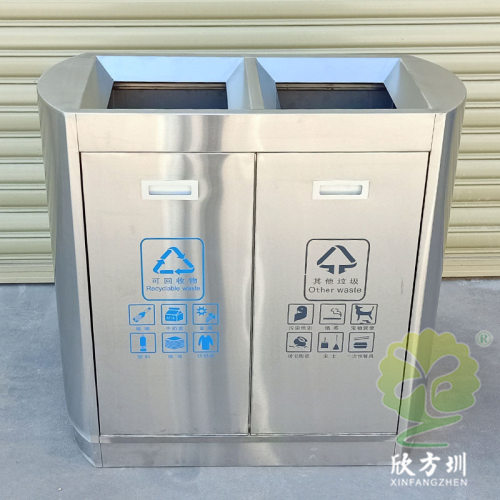 户外购物商场商用侧翻两连体不锈钢分类垃圾桶直投口金属回收箱