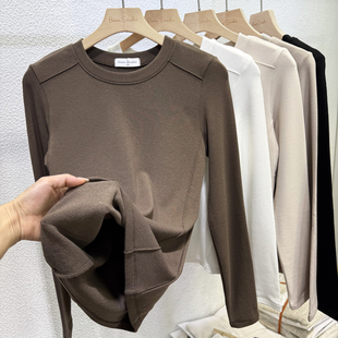 2025打底衫 加薄绒圆领设计感内搭T恤显瘦上衣 女秋冬保暖磨毛长袖