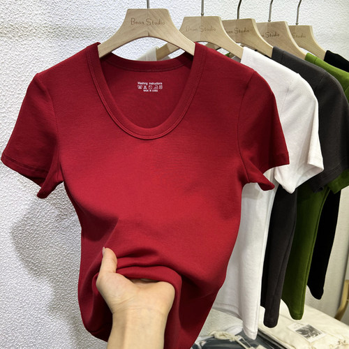 百搭修身显瘦高弹正肩螺纹棉通勤