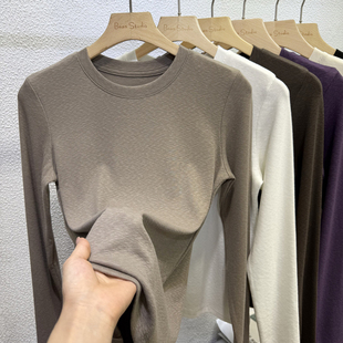 上衣 女装 2025秋冬T恤雪花羊绒螺纹正肩修身 小圆领内搭外穿打底衫