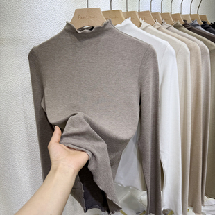 2025秋冬新款 女韩系半高领软糯羊绒T恤上衣 洋气木耳边内搭打底衫