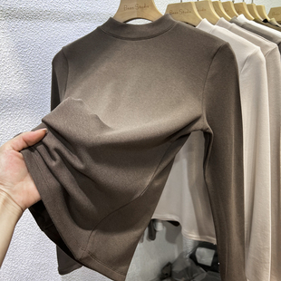 2025秋冬新半高领洋气小立领加薄绒磨毛内搭打底衫 T恤上衣 女长袖