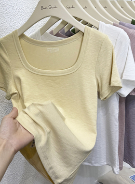 2026夏女装竹节棉短袖T恤女露锁骨修身显瘦轻薄柔软舒适方领上衣