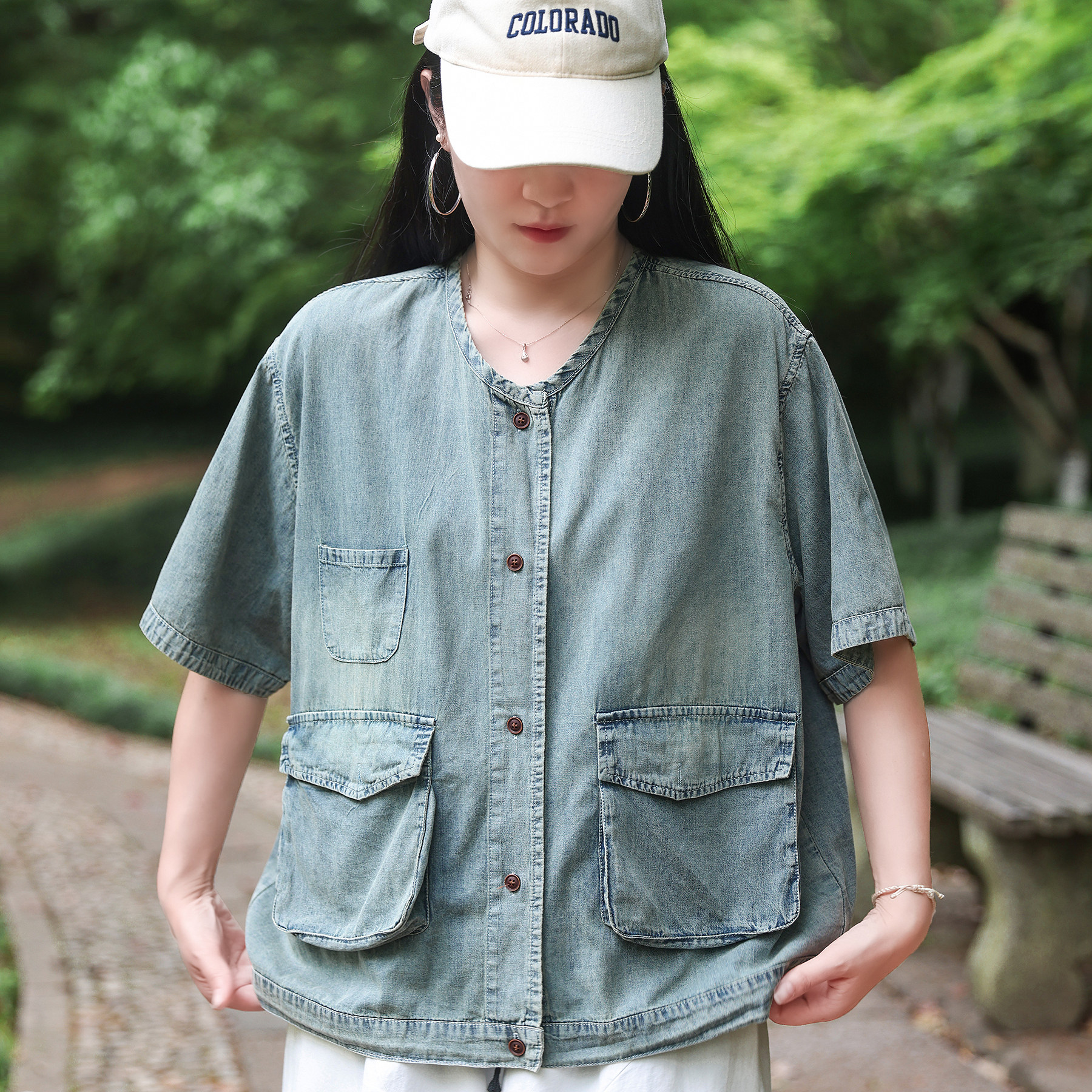 绿素棉 文艺不对称棉质软牛仔衬衣女大码立体工装口袋t恤2026夏装